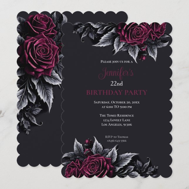 Invitación de cumpleaños burdeos floral gótico osc (Anverso / Reverso)