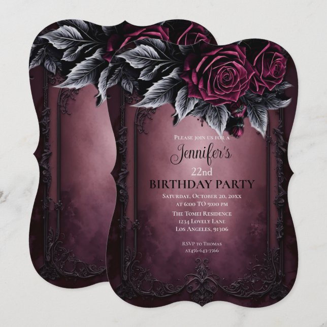 Invitación de cumpleaños burdeos floral gótico osc (Anverso / Reverso)