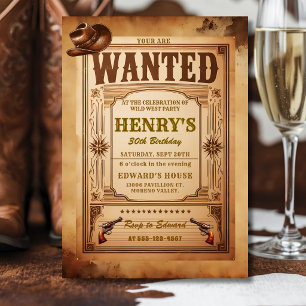 Invitación de cumpleaños buscada, adulto western c