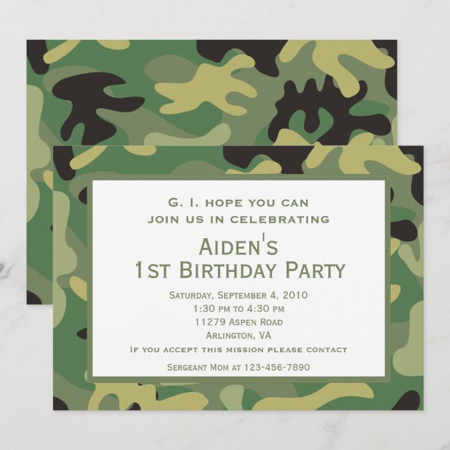Invitación de cumpleaños | Camuflaje verde (Anverso / Reverso)