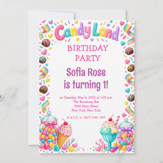 Invitación de cumpleaños Candyland Candy First Bir (Anverso)