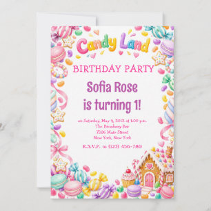 Invitación de cumpleaños Candyland Candy First Bir