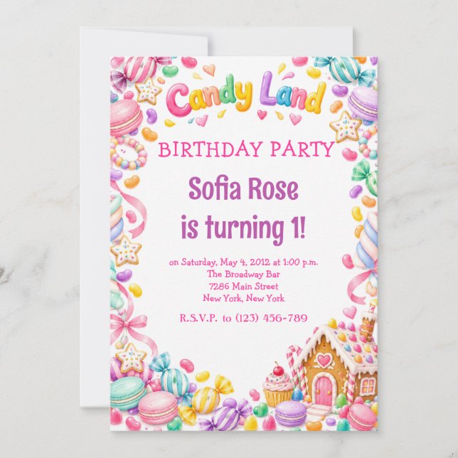 Invitación de cumpleaños Candyland Candy First Bir (Anverso)