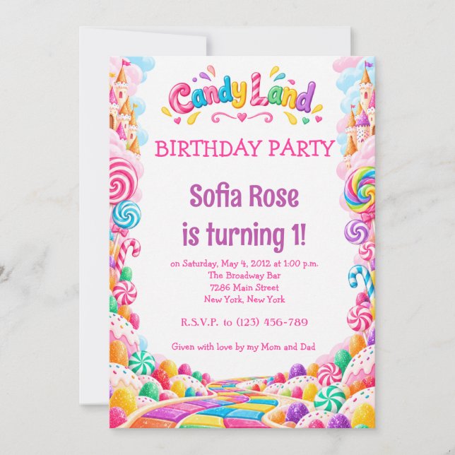Invitación de cumpleaños Candyland Candy First Bir (Anverso)