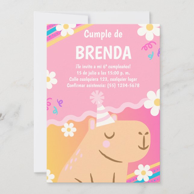 Invitación de Cumpleaños Capibara de Niña Rosa (Anverso)