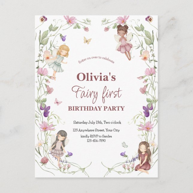 Invitación de cumpleaños caprichosa de hada primer (Anverso)