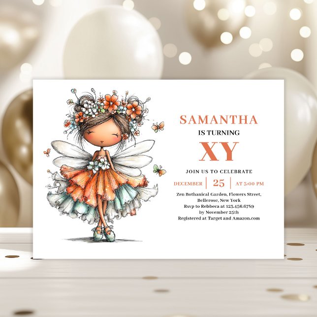 Invitación de cumpleaños caprichosa de niña hada a (Cute Fairy Girl Birthday Whimsy invitation)
