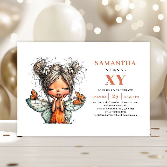 Invitación de cumpleaños caprichosa de niña hada a (Cute Fairy Girl Birthday Whimsy invitation)