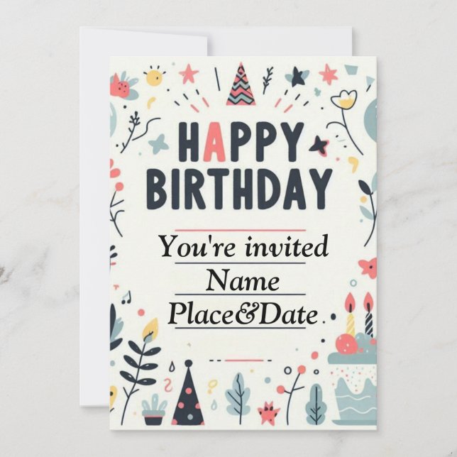 Invitación de cumpleaños caprichosa - Fiesta color (Anverso)