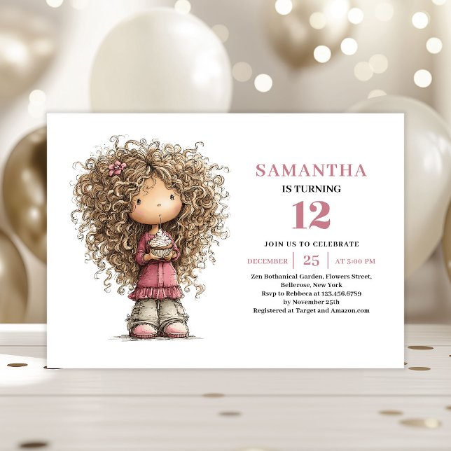 Invitación de cumpleaños caprichosa niña rosa digi (Whimsical Birthday Invitation Girl Pink Digital Download)