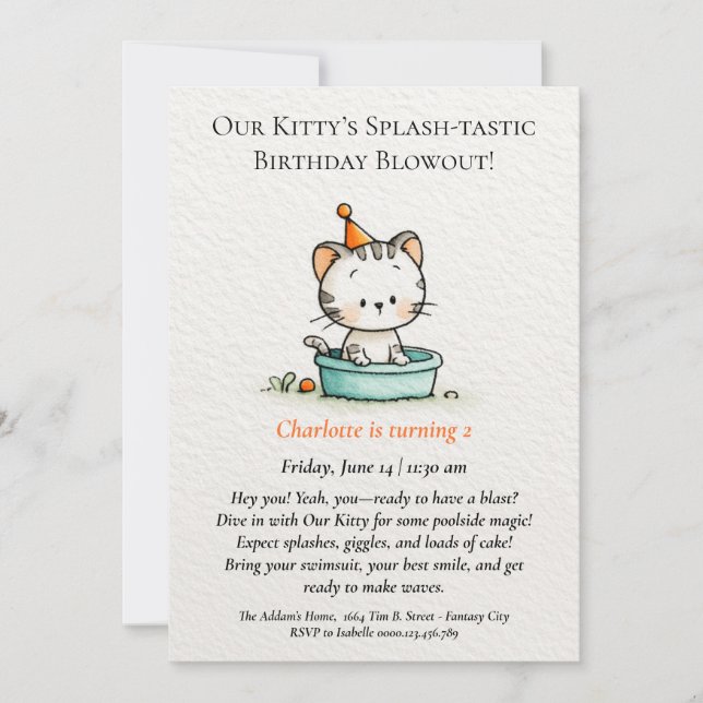 Invitación de cumpleaños caprichosa para bebé gati (Anverso)