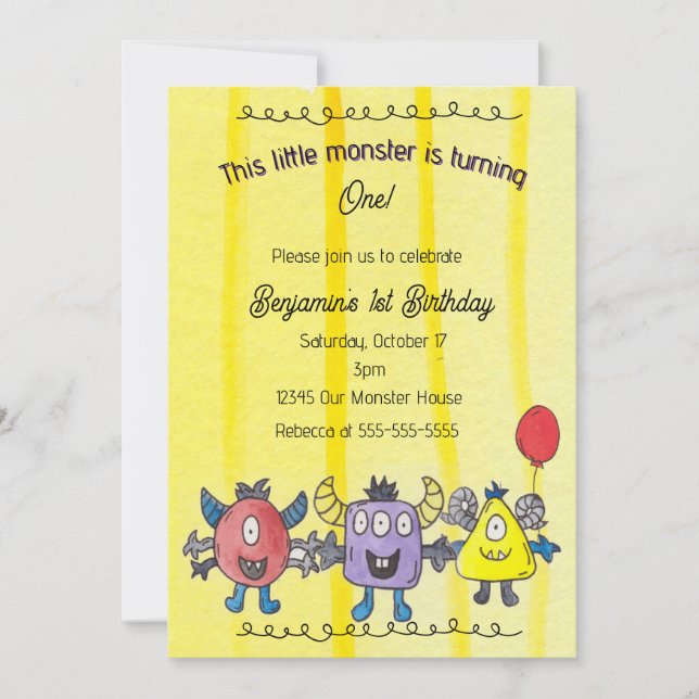 Invitación de cumpleaños caprichosa para tres mons (Anverso)