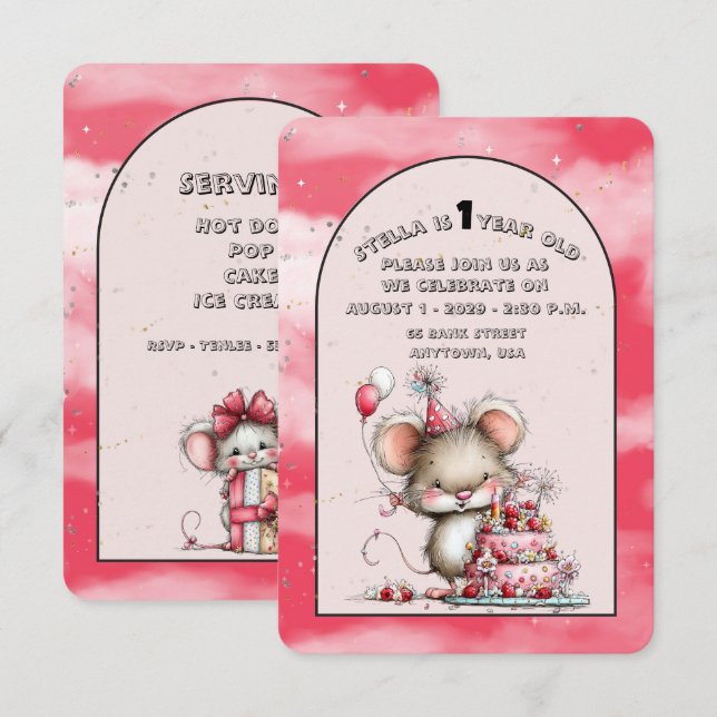Invitación de cumpleaños caprichosa y linda para n (Anverso / Reverso)