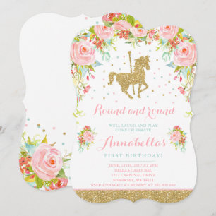 Invitación de cumpleaños Carrusel Floral Mint Oro