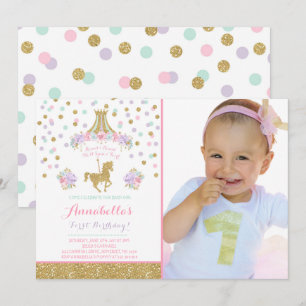 Invitación de cumpleaños Carrusel Floral Mint Oro 