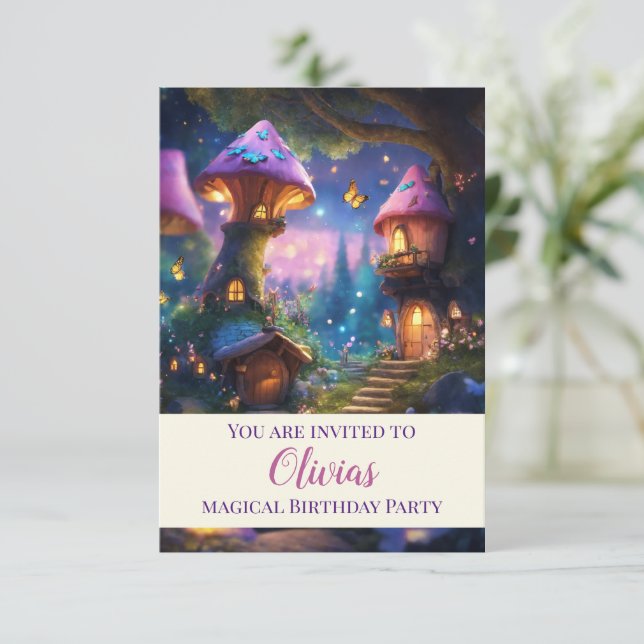Invitación de cumpleaños casas de hongos para niño (Anverso de pie)