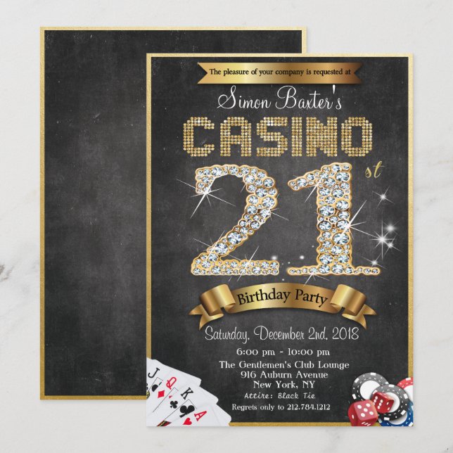 Invitación de cumpleaños Casino 21st Gold Diamond (Anverso / Reverso)