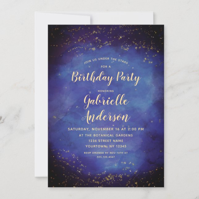 Invitación de cumpleaños celestial Blue Star Sky (Anverso)