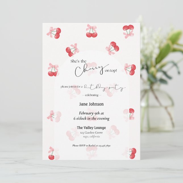 Invitación de cumpleaños Cerezas y lazos en la par (Anverso de pie)