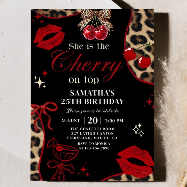 Invitación de cumpleaños Cheetah Coquette Cherry O (Subido por el creador)