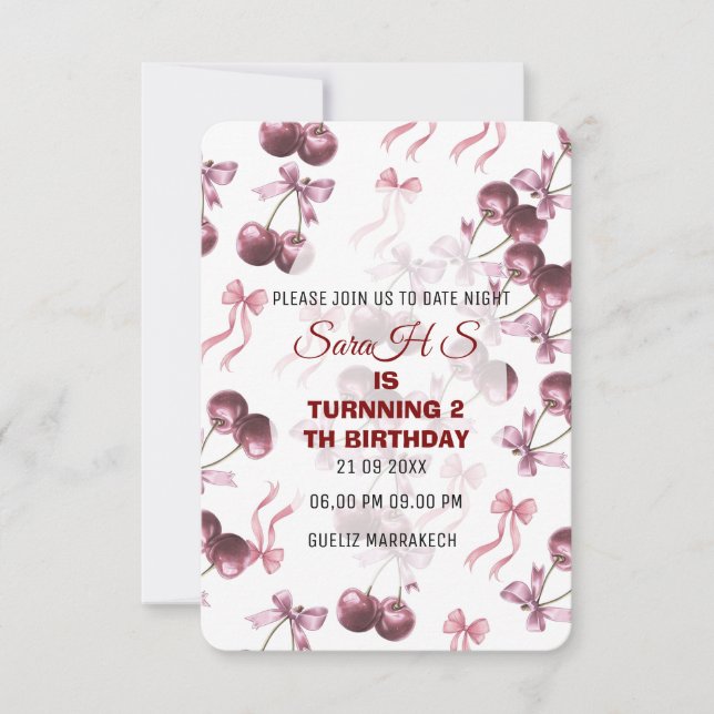 Invitación de cumpleaños Cherry Sweet, lazo de cer (Anverso)