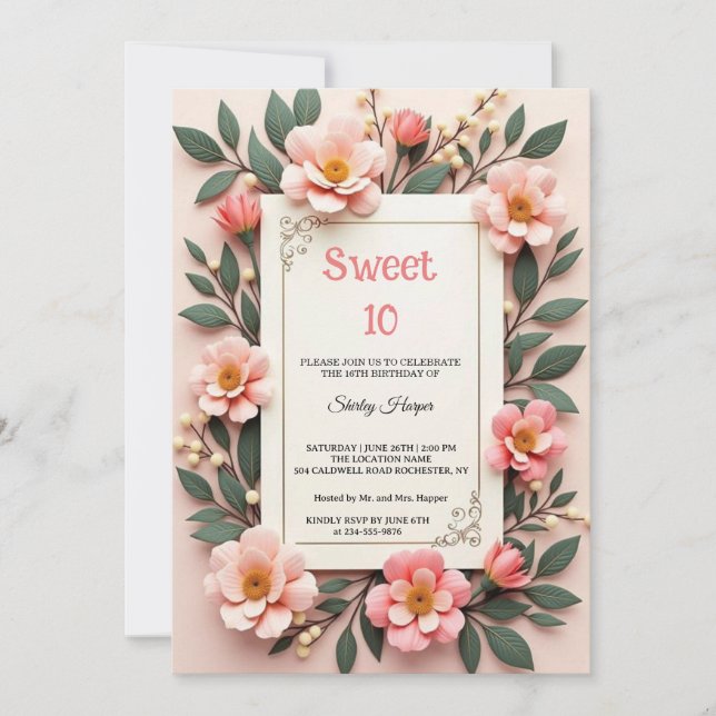 Invitación de cumpleaños Chic Blush Pink Floral Sw (Anverso)