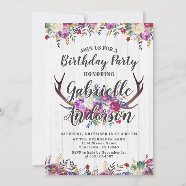 Invitación de cumpleaños chic con ciervo floral y  (Anverso)