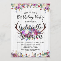 Invitación de cumpleaños chic con ciervo floral y