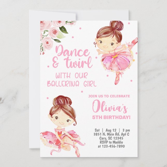 Invitación de cumpleaños chica Ballerina, giro de  (Anverso)