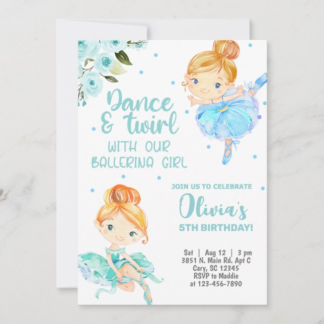 Invitación de cumpleaños chica Ballerina, vuelta d (Anverso)