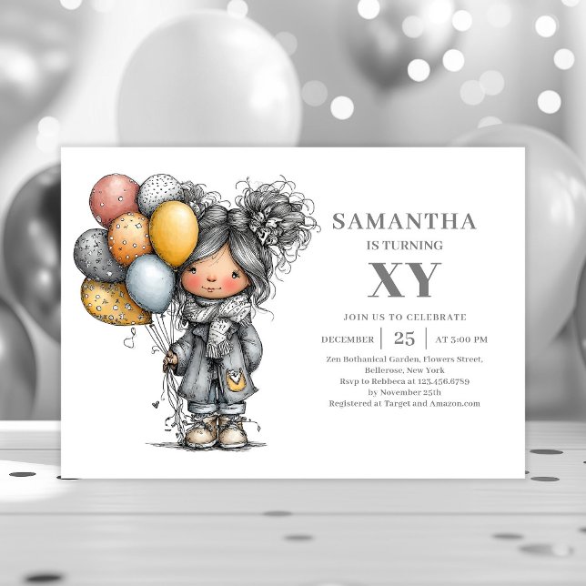 Invitación de cumpleaños chica chic divertida boce (Funny Chic Girl Birthday Black Gold Sketch invitation)