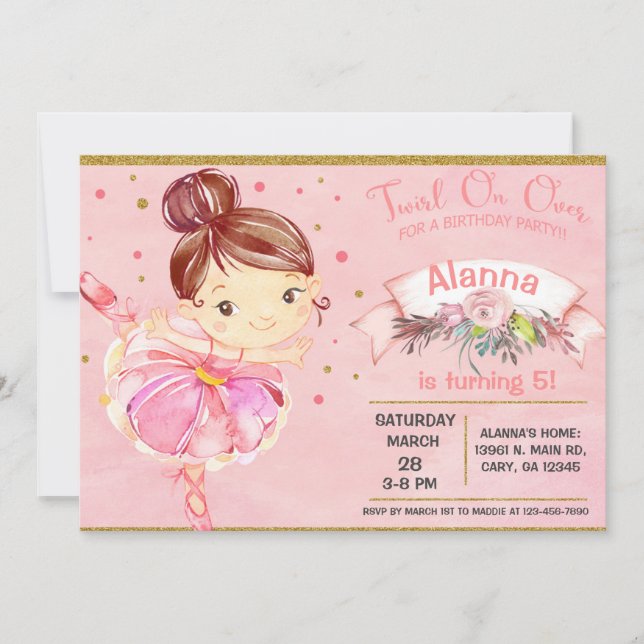 Invitación de cumpleaños chica de bailarina rosada (Anverso)
