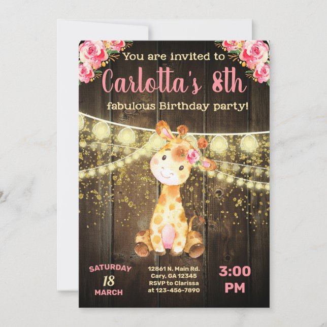 Invitación de cumpleaños chica de jirafa, madera m (Anverso)