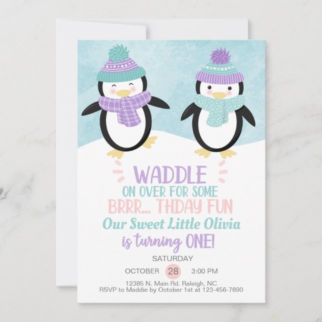 Invitación de cumpleaños chica de los pingüinos de (Anverso)