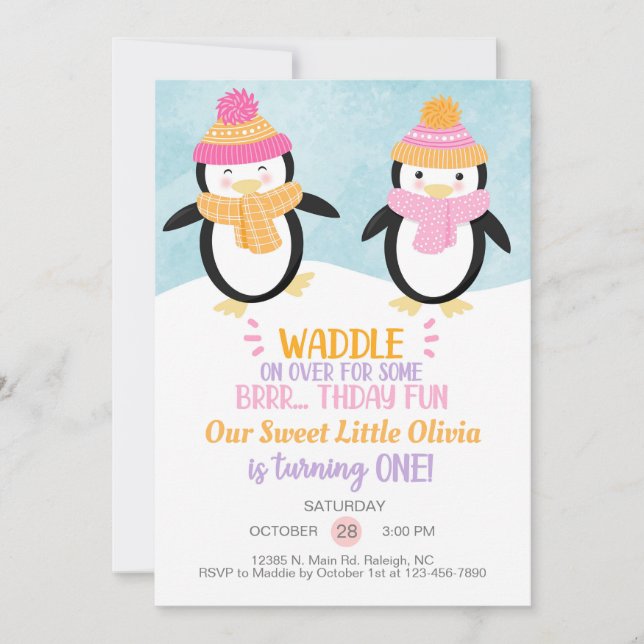 Invitación de cumpleaños chica de los pingüinos de (Anverso)