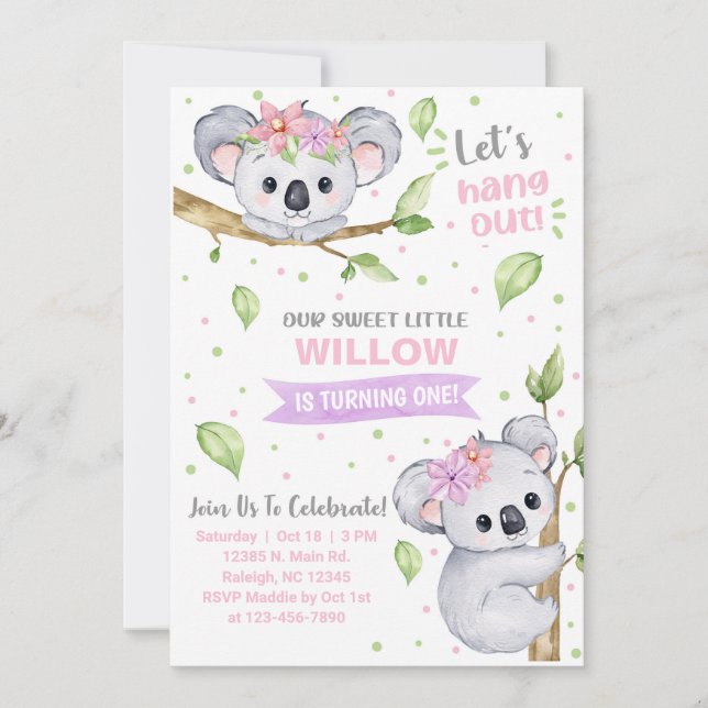 Invitación de cumpleaños chica Koala, cualquier ed (Anverso)