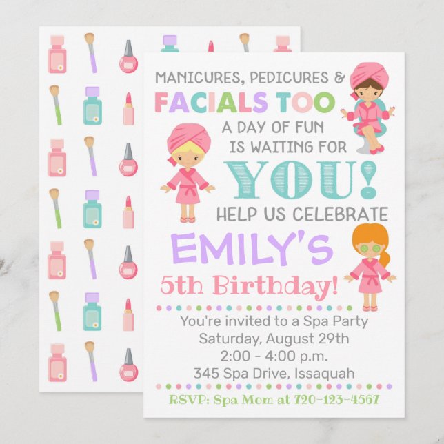 Invitación de cumpleaños Chica Spa Fiesta (Anverso / Reverso)
