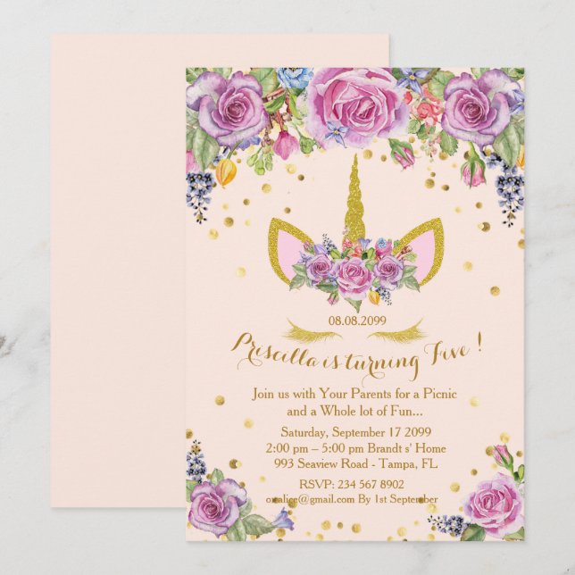 Invitación de cumpleaños chica, unicornio, flores, (Anverso / Reverso)