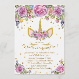 Invitación de cumpleaños chica, unicornio, flores,