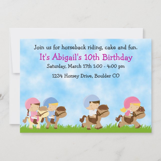 Invitación de cumpleaños, Chicas y niños a caballo (Anverso)