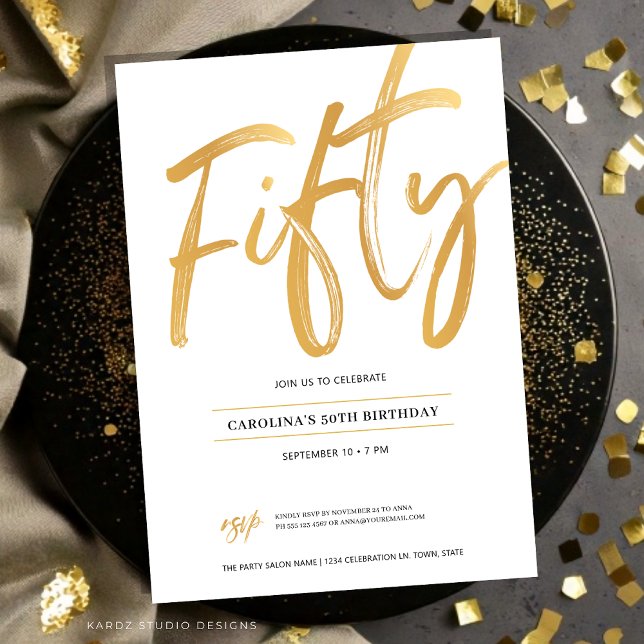 Invitación de cumpleaños cincuenta cincuenta con l (Fifty birthday invitation is shown in a flat 5x7 card. Faux gold script calligraphy over white.)