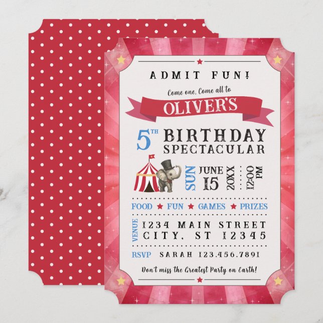 Invitación de cumpleaños Circus Spectacular (Rojo/ (Anverso / Reverso)