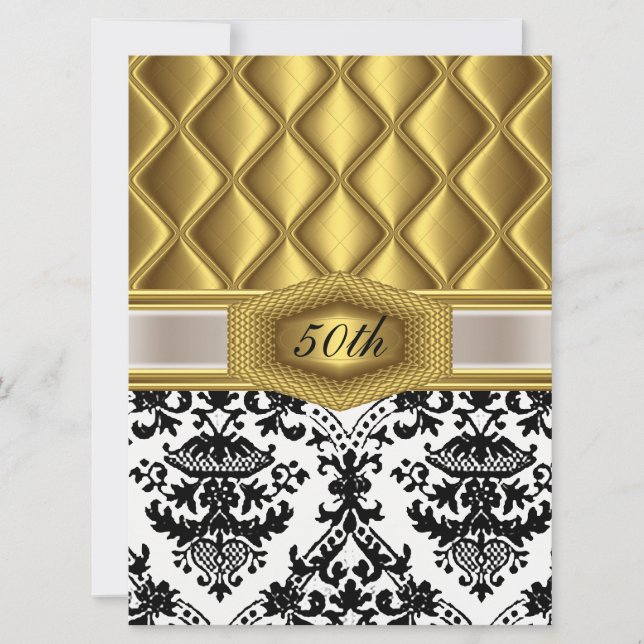 Invitación de cumpleaños clásica Gold Damask (Anverso)