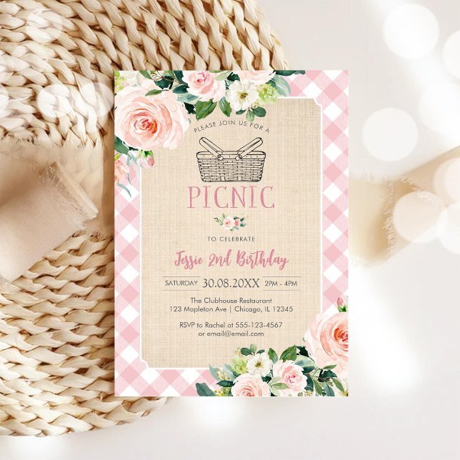 Invitación de cumpleaños clásica rosa para picnic (Subido por el creador)