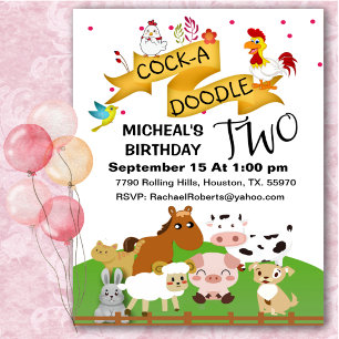 Invitación de cumpleaños Cock-A-Doodle Dos Animale