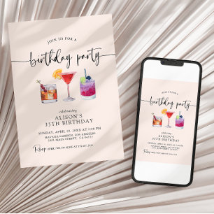 Invitación de cumpleaños cóctel con caligrafía