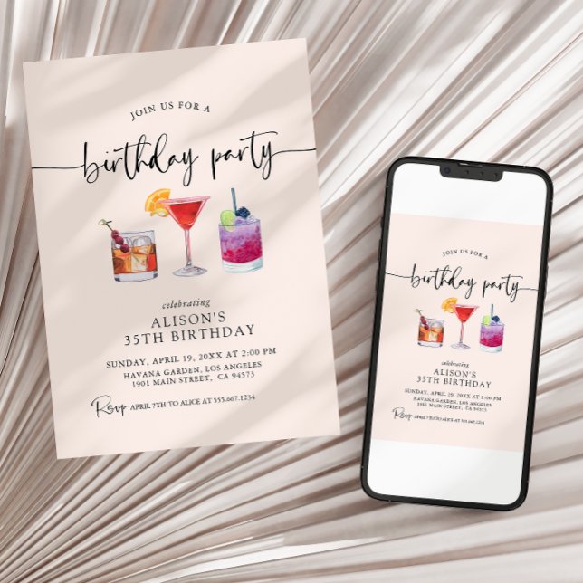 Invitación de cumpleaños cóctel con caligrafía (Subido por el creador)