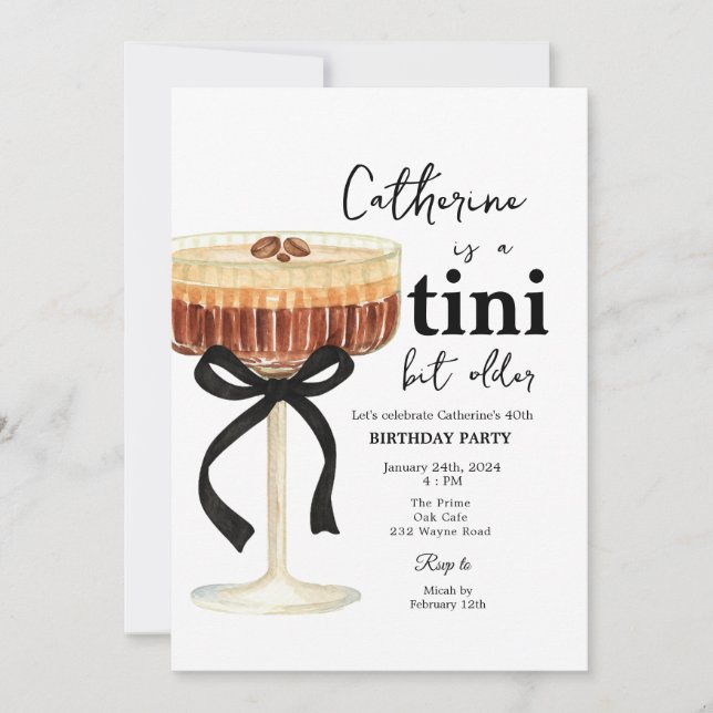 Invitación de cumpleaños cóctel de café con lazo n (Anverso)