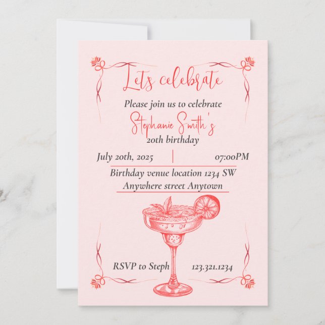 Invitación de cumpleaños cóctel rosa - Ambiente de (Anverso)