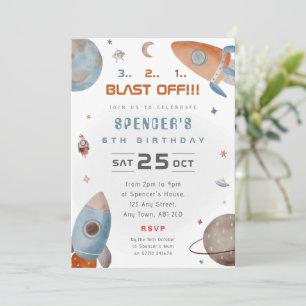 Invitación de Cumpleaños Cohete Espacial 3 2 1 Des
